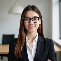Young professional woman posed confidently within a busy corporate environment photo