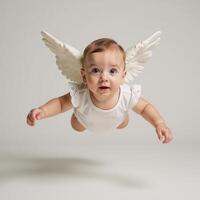 A Victorianstyle baby angel is depicted as if floating serenely against an empty backdrop photo