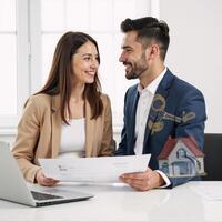 Couple consults financial planner for first home purchase planning Finance DoubleExposure photo