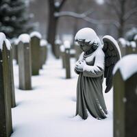 Wintery scene featuring snowcovered angel statue as a poignant representation of sorrow and reminiscence within a cemetery photo