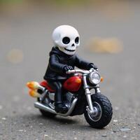 Small skullheaded humanoid figure on a flameadorned miniature motorbike photo