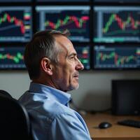 Mans profile view with stock market chart detailing photo