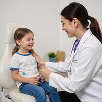 Compassionate pediatrician comforts young patient during checkup photo