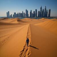 A birdseye perspective showcases a lone figure traversing sandy dunes towards the iconic Dubai skyline backdrop in the United Arab Emirates photo