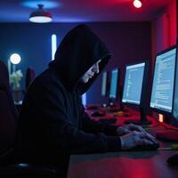 A hooded hacker engages in criminal activities surrounded by multiple screens and dim lighting photo
