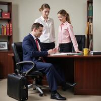 Illustration showcasing a lawyer offering guidance to a young assistant at their shared desk photo