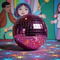 Pink disco ball adorned with colorful squares amidst sparkling confetti on an illustrated backdrop photo