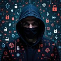 Illustrated cyber security scene with hacker in hoodie amidst encrypted data firewalls photo