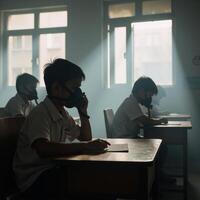 Illustration depicting future air pollution in India with kids at school donning oxygen masks photo