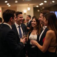 Blurred shots of office party featuring businesspeople networked together under soft lights bokeh photo