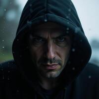 A mysterious figure with piercing gaze peering through a window photo