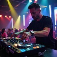 DJ spinning tunes at a lively club with glowing deck and strobes under pulsing neon lights Club Night Track Mixing Party Atmosphere photo