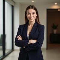 Businesswoman in power pose portrayed realistically within an office setting photo
