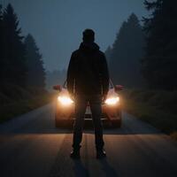 Man backlit by glowing car headlights on abandoned road during foggy night photo