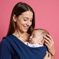 A smiling mother tenderly holds her sleeping baby in a blue carrier on a pink backdrop photo
