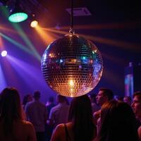 Glowing disco ball illuminates club dance floor with vibrant rainbows photo