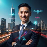 A double exposure image featuring a business person against a futuristic techfocused metropolis backdrop photo