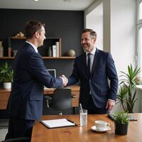 Modern business handshake scene with colleagues in the background Office Environment photo