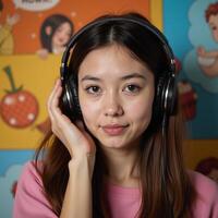 Mangastyle cartoon illustration featuring a beautiful girl enjoying lofi hip hop music on her headphones in a vibrant videobackground setting perfect for use as wallpaper or desktop backdrop 169 photo