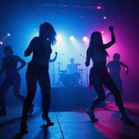 Dancing silhouettes in a lively colorful nightclub scene evoking the energy and exhilaration of a music event photo