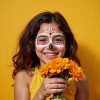 Girl with colorful sugarskull face paint and marigold bouquet smiles in a sunlit setting photo
