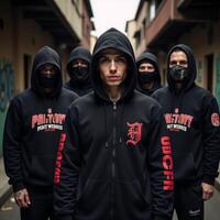 Gangsters with hoodies tattoos and masks embody a menacing mafiainspired lifestyle in a gritty cityscape scene photo