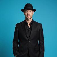 A man donning a black suit hat stands against a blue backdrop photo