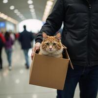 Cat carrier with feline inside set against an airport interior backdrop rendered using neural network art style photo