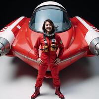 A cartoonish redandwhite spaceship features a smiling astronaut in a red suit photo