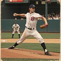 Retrostyle collage depicting a baseball player midthrow on a professional field photo