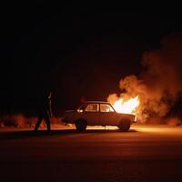 Hooded figure passing by flaming wreckage at twilight photo