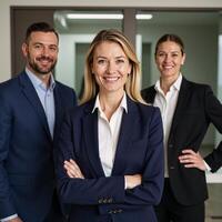 A businessfocused team portrait featuring a mature smiling woman working collaboratively alongside her colleagues within an office setting photo