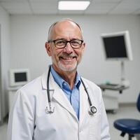 Senior male doctor warmly smiling in white coat confident and caring in medical setting photo
