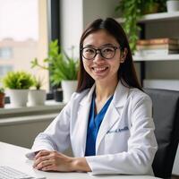 Cheerful doctor with glasses at organized desk assisting patients in plantfilled med office photo