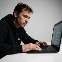 Hacker on his laptop poised for illegal digital intrusion cybercrime photo