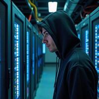 A Hacker in a Hoodie within a Data Center setting photo