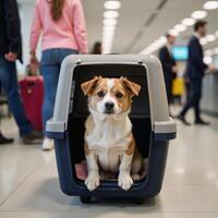 Adorable dog in pet carrier amidst bustling airport terminal photo
