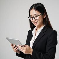 Businesswoman with glasses tablet in hand wearing business casual clothes alone on white backdrop photo