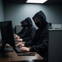 Call center scammers swindlers in masks and headsets at a computerfilled office photo