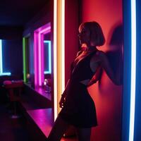 Vibrant neonlit silhouette of a stylish female figure set against a dark backdrop with a retrofuturistic nightclub atmosphere photo