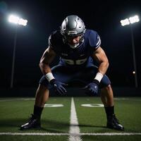 An American football player wearing his helmet under stadium lights photo