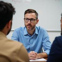 A bearded man at a desk discusses ideas with two others while standing before a whiteboard photo