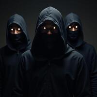 A hooded coven with glowing eye features photo