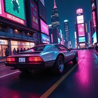 A Synthwaveinspired digital illustration showcases a retrofuturistic 1980sstyle 3D car cruising through a vibrant neon cityscape photo