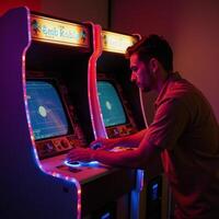 Retro arcade setting featuring a man playing classic games with a vintage feel photo