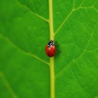 A ladybug sits upon a green leaf photo