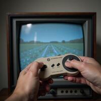 Person holding game controller before old TV showing static image photo