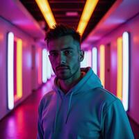 A man is cloaked in a futuristic setting with vibrant neon lights illuminating a colored hallway behind him photo