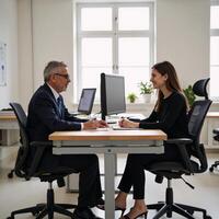 Senior financial expert mentors young woman in collaborative setting within contemporary office space photo