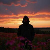 Figure in redeyed hooded jacket amidst glowing sunset and blooming wildflower field photo